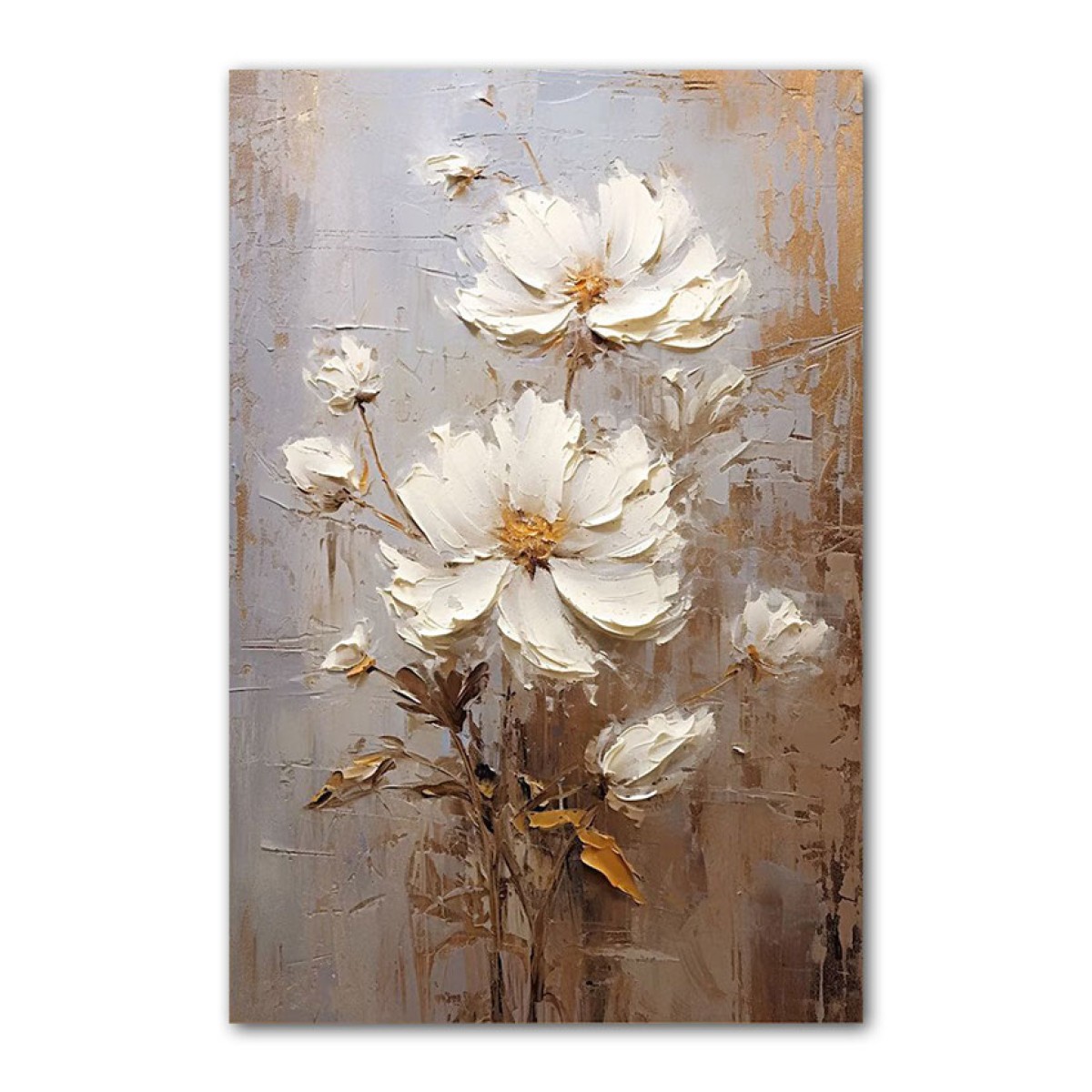 White Flowers with Gold Leaves II 3d Heavy Textured Partial Oil Painting